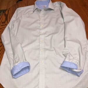 MERONA SIZE LARGE NON IRON ULTIMATE SHIRT GRAY CHECKERED LONG SLEEVE W/BLUE TRIM